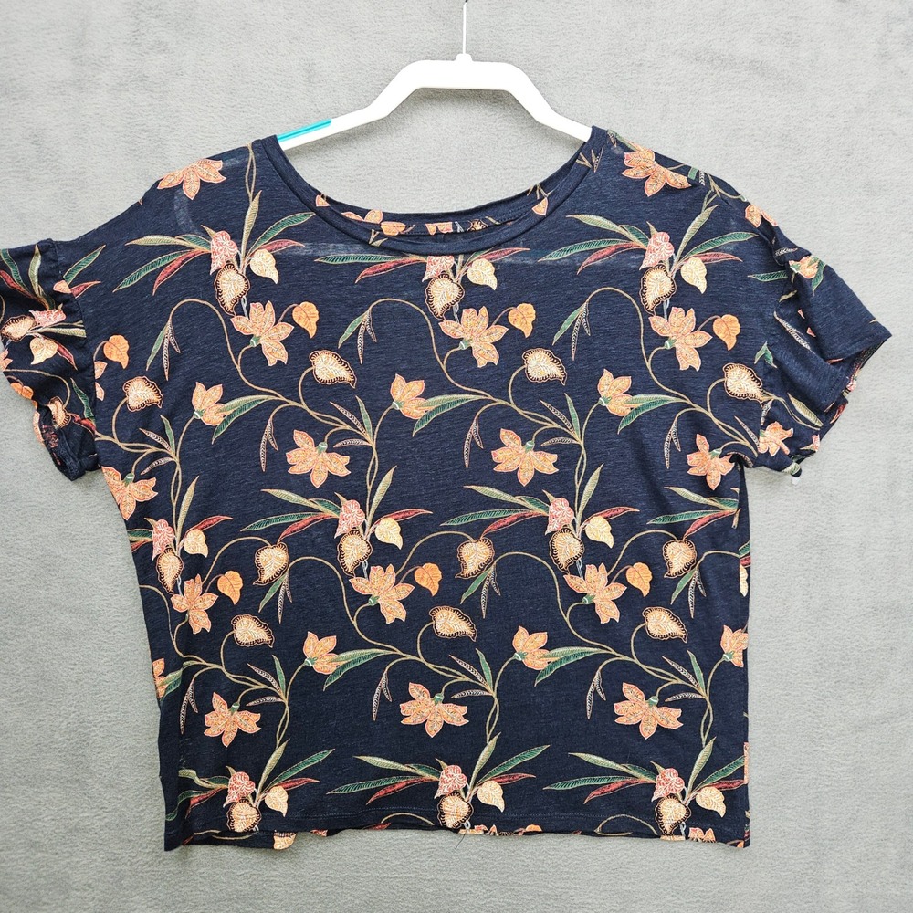 Loft Linen Coastal Floral Top Navy Blue Orange XS